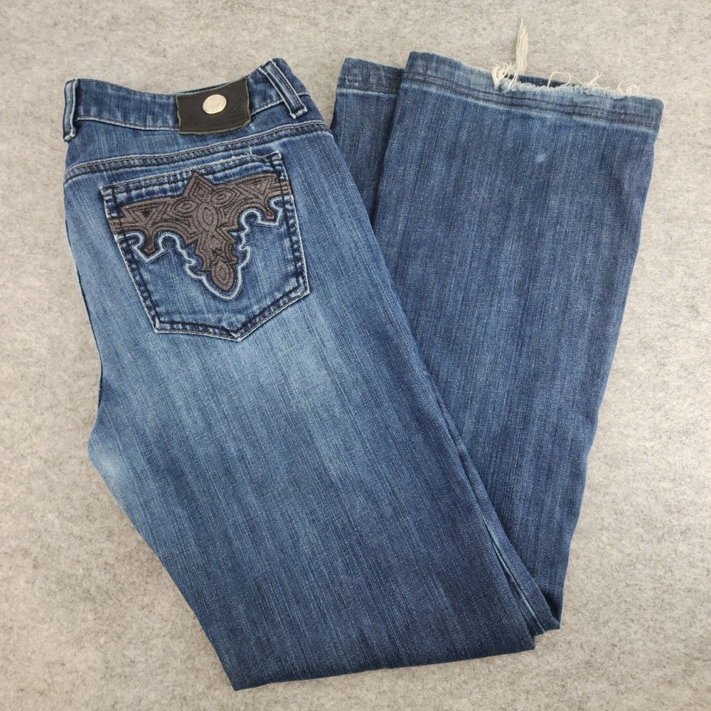 Antik Denim 32 Blue Embroidered Pocket Distressed Bootcut Jeans Womens